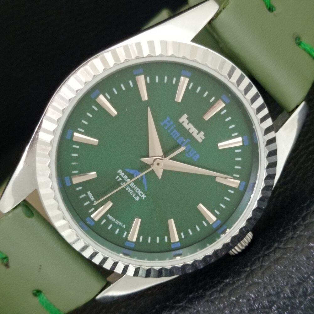 Vintage 1977 HMT Manual Wound Mens Silver Watch & Green accents